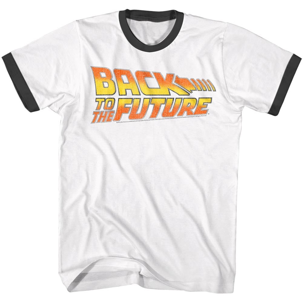 Back To The Future Mens S/S Ringer T-Shirt - Worn Logo - Solid/Solid White/Black
