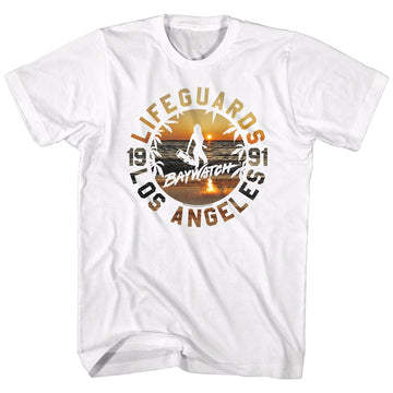 Baywatch Mens S/S T-Shirt - Lifeguards Sunset - Solid White