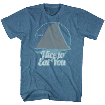 Jaws Mens S/S T-Shirt - Nice To Eat You - Heather Pacific Blue Heather