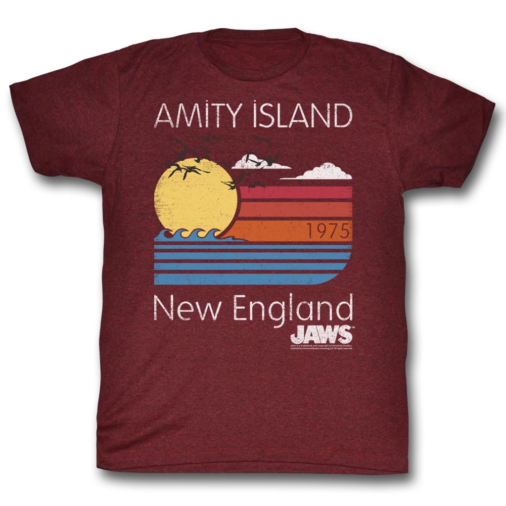 Jaws Mens S/S T-Shirt - Sunset - Heather Vintage Maroon Heather