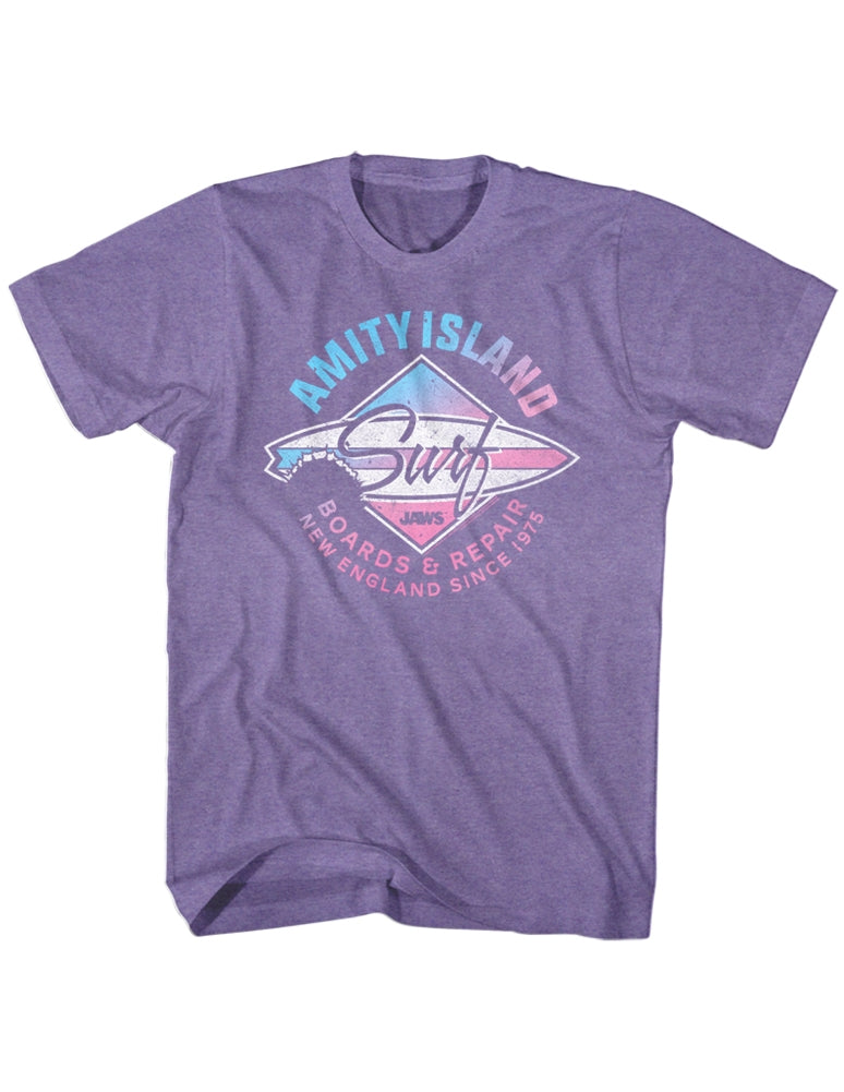 Jaws Mens S/S T-Shirt - Amity Island Surf - Heather Retro Purple Heather
