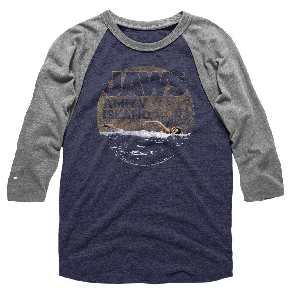 Jaws Mens 3/4 Sleeve Raglan - Late Swim - Heather/Heather Blue Heather/Gray Heather