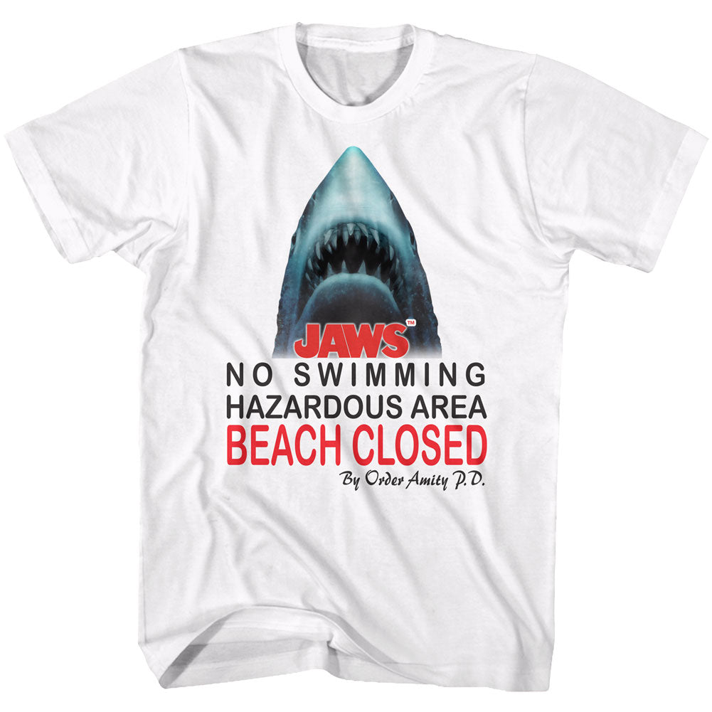 Jaws Mens S/S T-Shirt - Beach Closed - Solid White