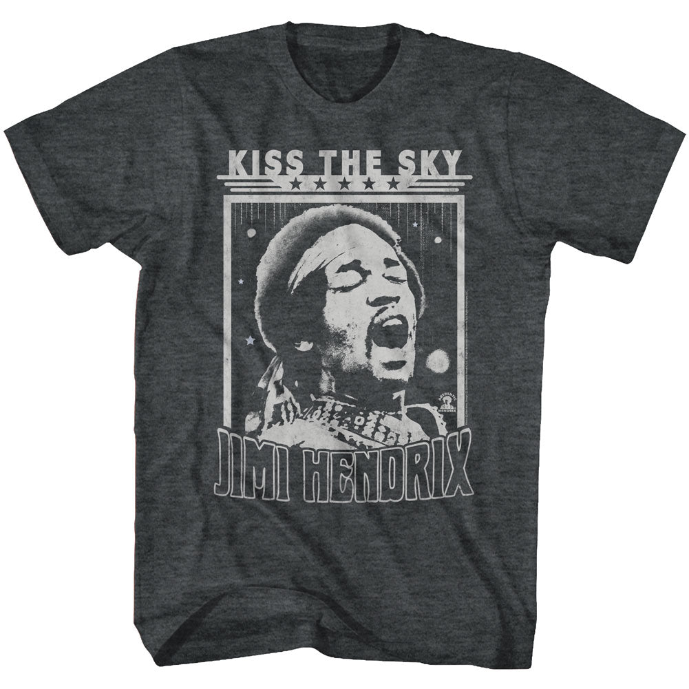 Jimi Hendrix Mens S/S T-Shirt - Kiss The Sjy - Heather Black Heather