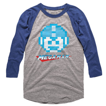Mega Man Mens 3/4 Sleeve Raglan - Megaface - Heather/Heather Gray Heather/Vintage Royal