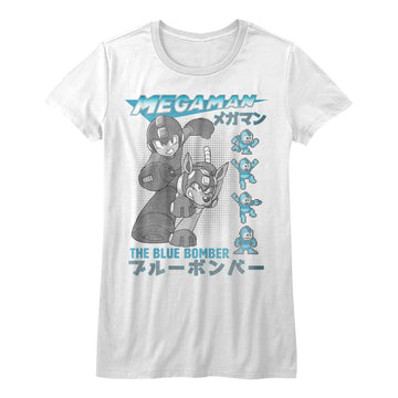 Mega Man Girls Juniors S/S T-Shirt - Blue Bomber - Solid White