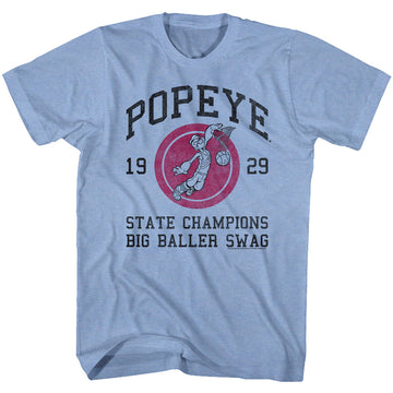 Popeye Mens S/S T-Shirt - Big Baller Swing - Heather Light Blue Heather