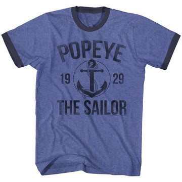 Popeye Mens S/S Ringer T-Shirt - Anchor - Heather/Solid Blue Heather/Navy