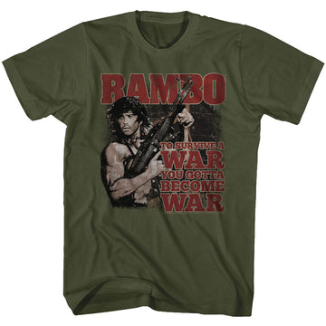 Rambo Mens S/S T-Shirt - Become War - Solid Military Green