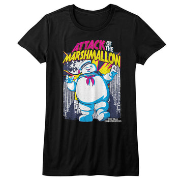 Real Ghostbusters Girls Juniors S/S T-Shirt - Marshmallow Attacks - Solid Black