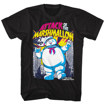 Real Ghostbusters Mens S/S T-Shirt - Marshmallow Attacks - Solid Black