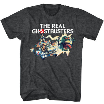 Real Ghostbusters Mens S/S T-Shirt - Car Chase - Heather Black Heather