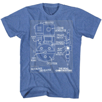 Real Ghostbusters Mens S/S T-Shirt - Blueprints - Heather Royal Heather