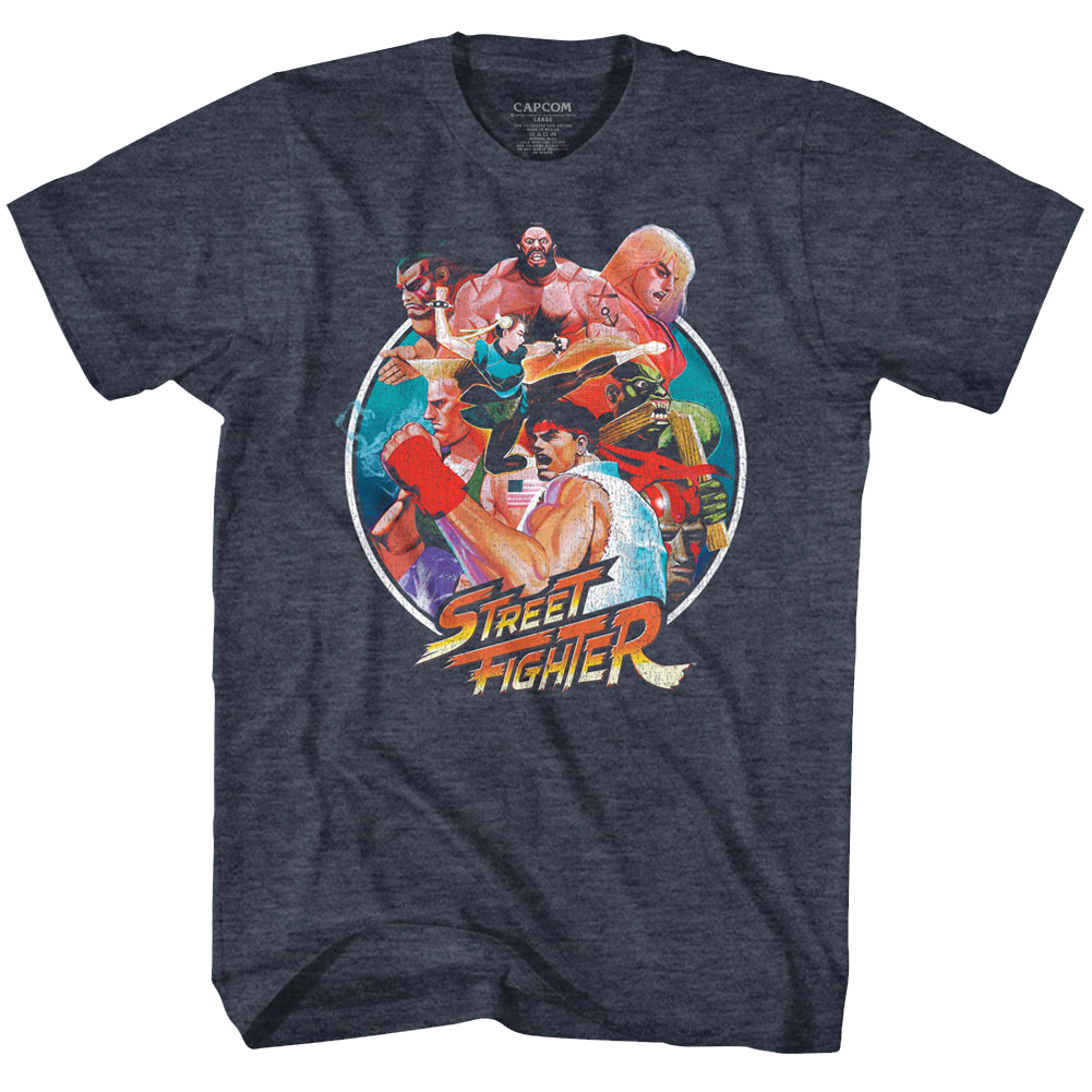 Street Fighter Mens S/S T-Shirt - Group Circle - Heather Navy Heather