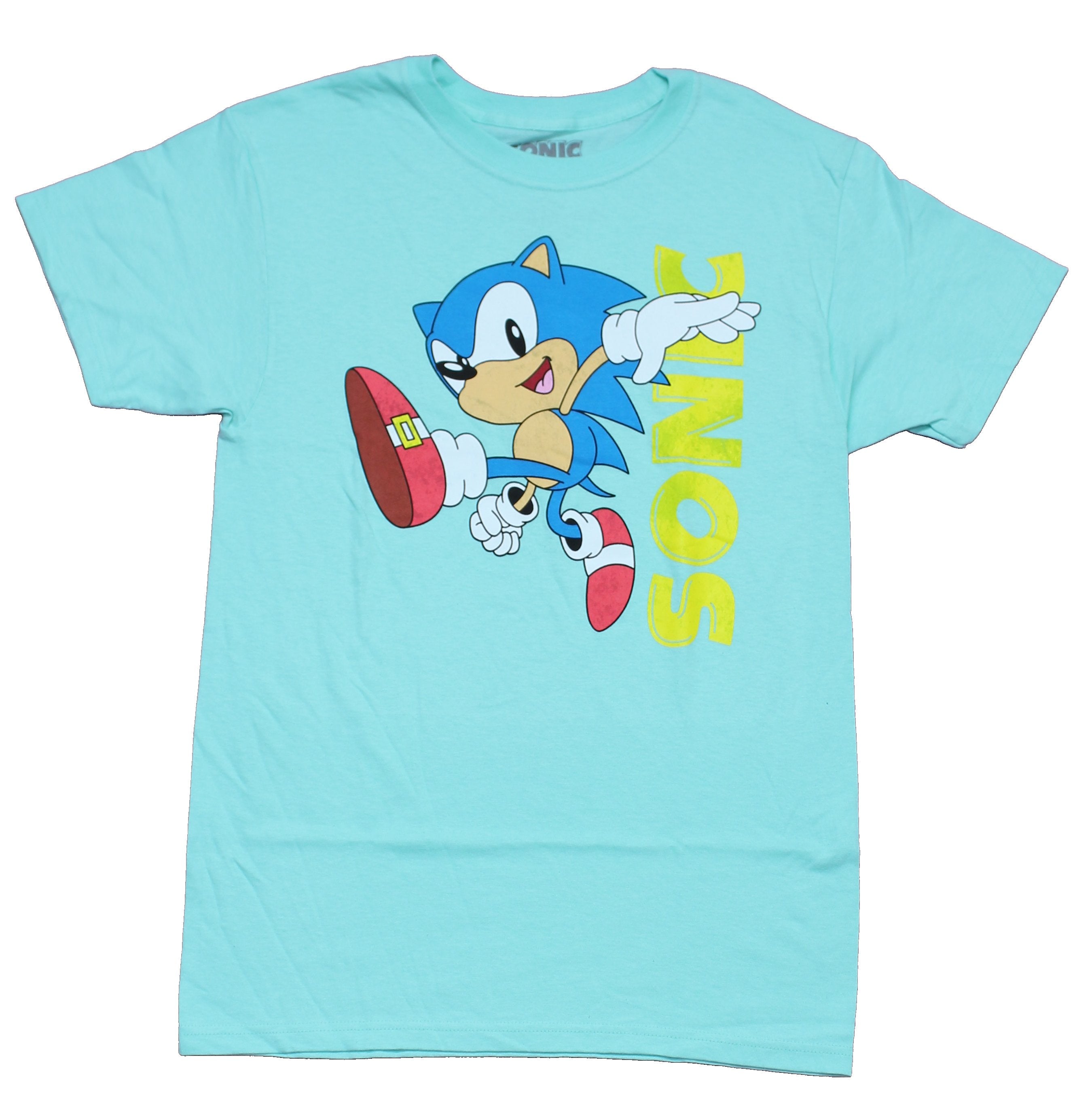 Sonic The Hedgehog Mens  T-Shirt - Jumping Next To Vertical Name