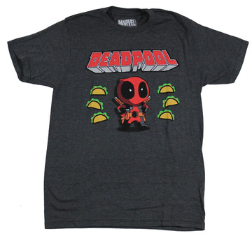 Deadpool (Marvel Comics) Mens T-Shirt - Chibi Style Deadpool Surrounded by Tacos