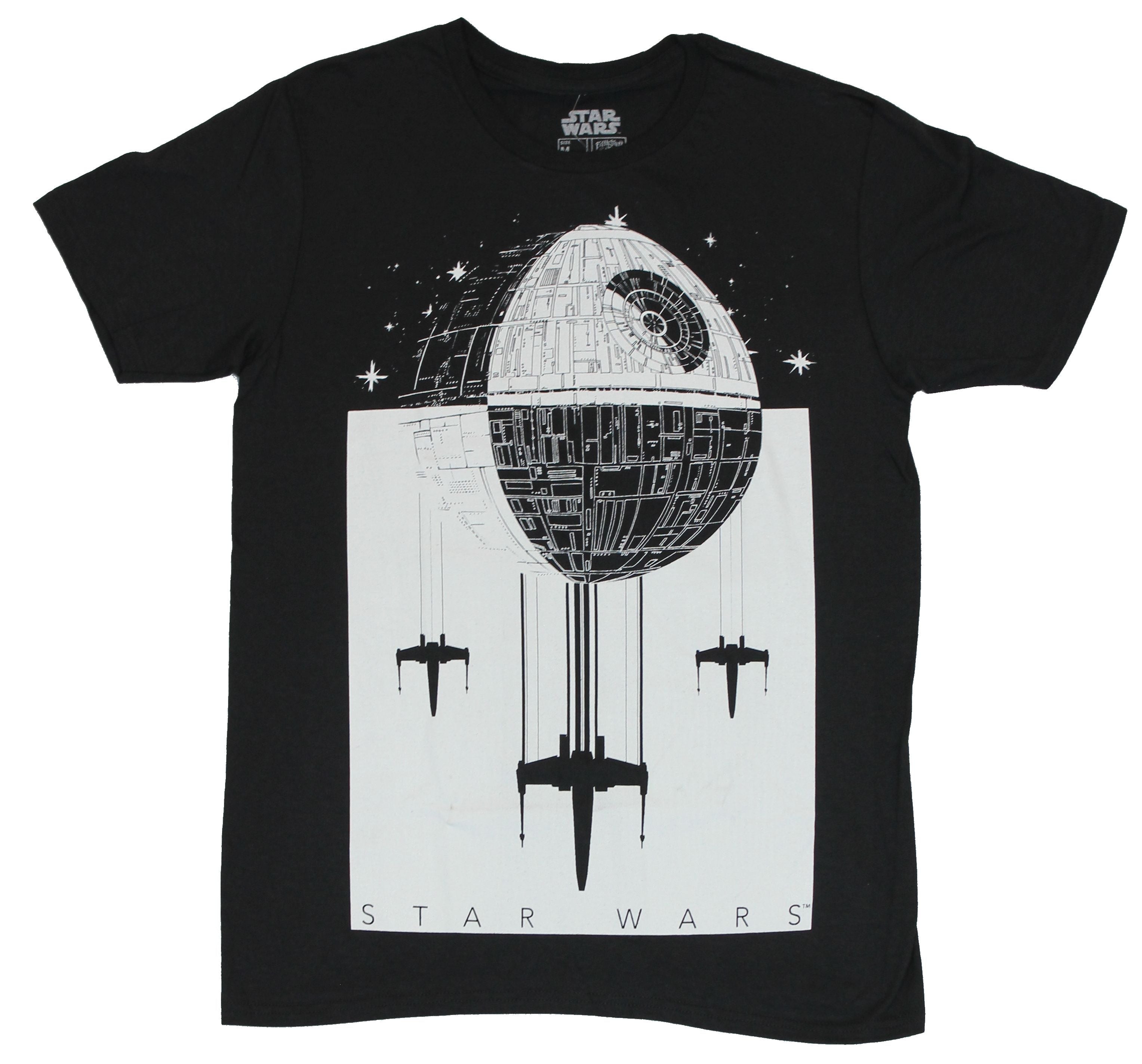 Star Wars Mens T-Shirt - Super Stylized Triple X-Wing Death Star Drop Image