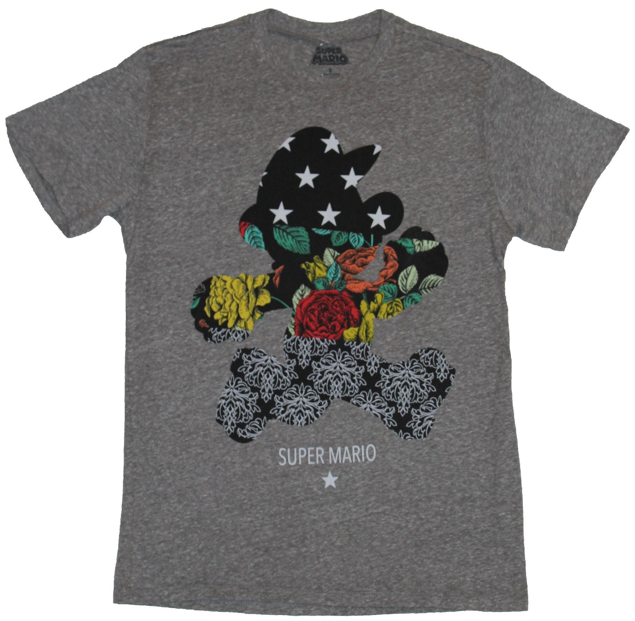 Super Mario Brothers Mens T-Shirt - Mario Silhouette Floral Filled Image