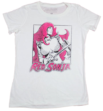Red Sonja Girls Juniors T-Shirt - Outlined Drawing Pink Hair Art