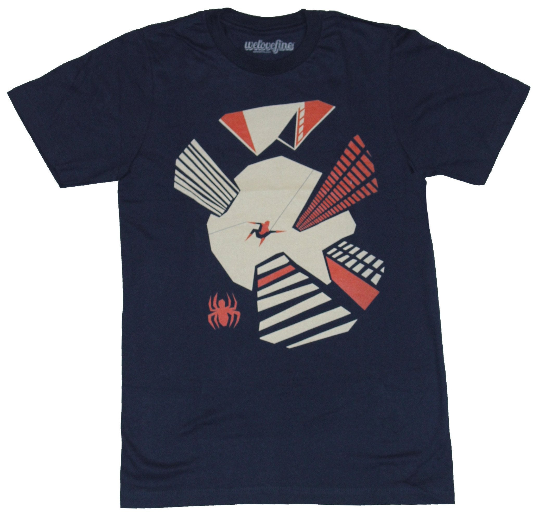 Spider-Man (Marvel Comics) Mens T-Shirt - Tiny Spidey Moonlit Skyscraper Swing