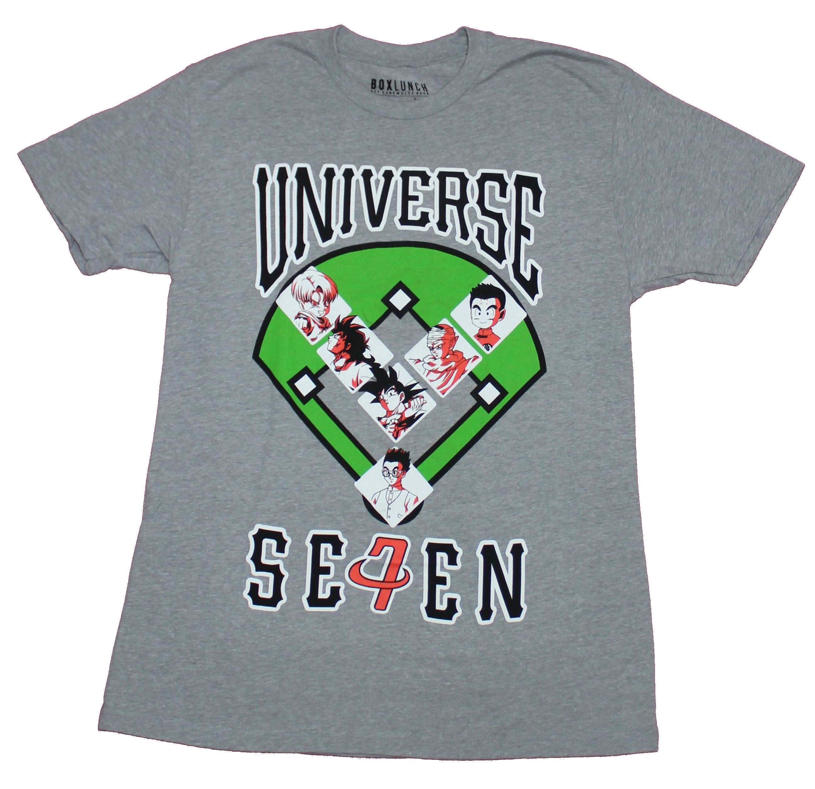 Dragon Ball Z Mens T-Shirt - Universe Seven Baseball Field Character Boxes Image