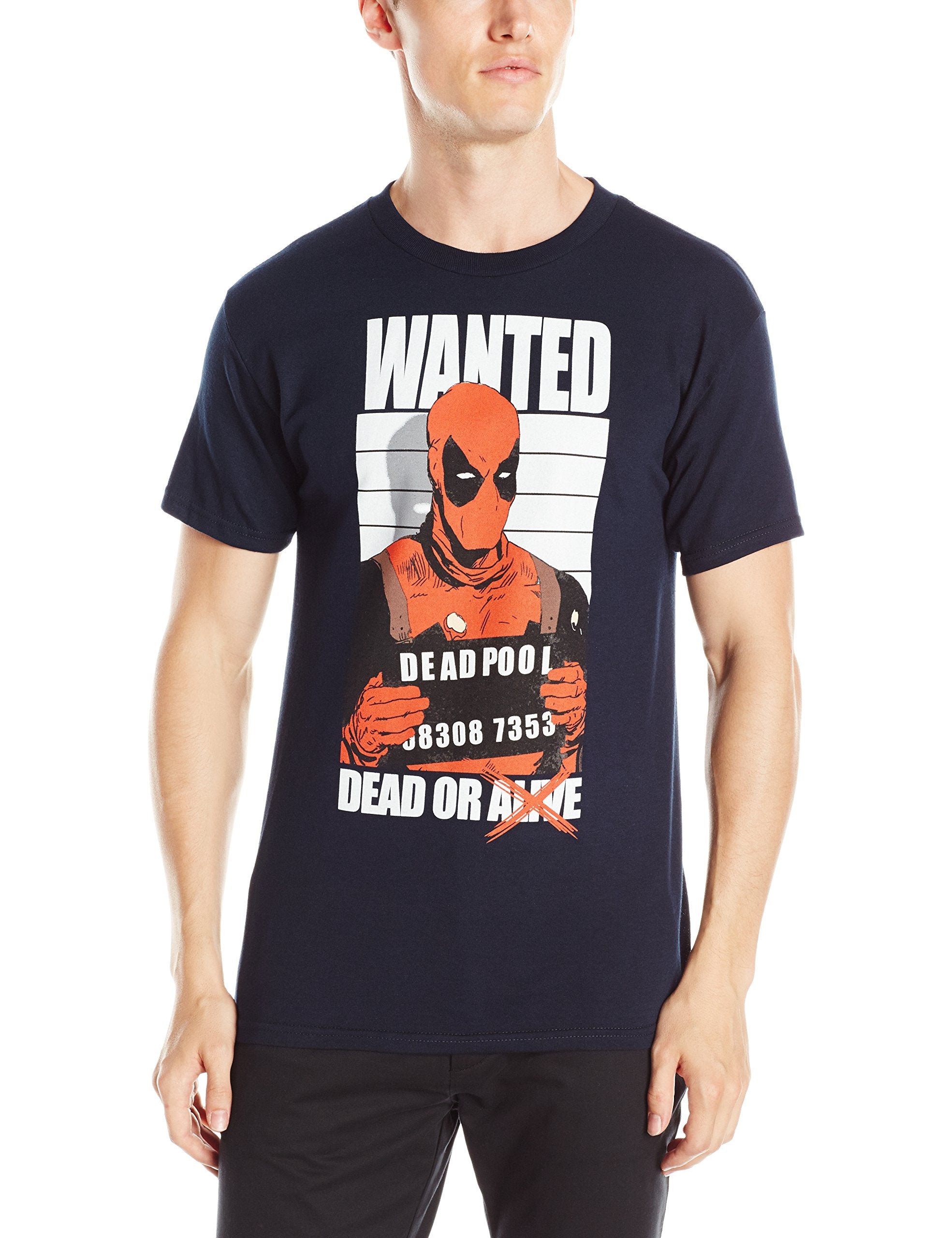 Deadpool (Marvel Comics) Mens T-Shirt - Wanted Dead or Dead Mugshot Image