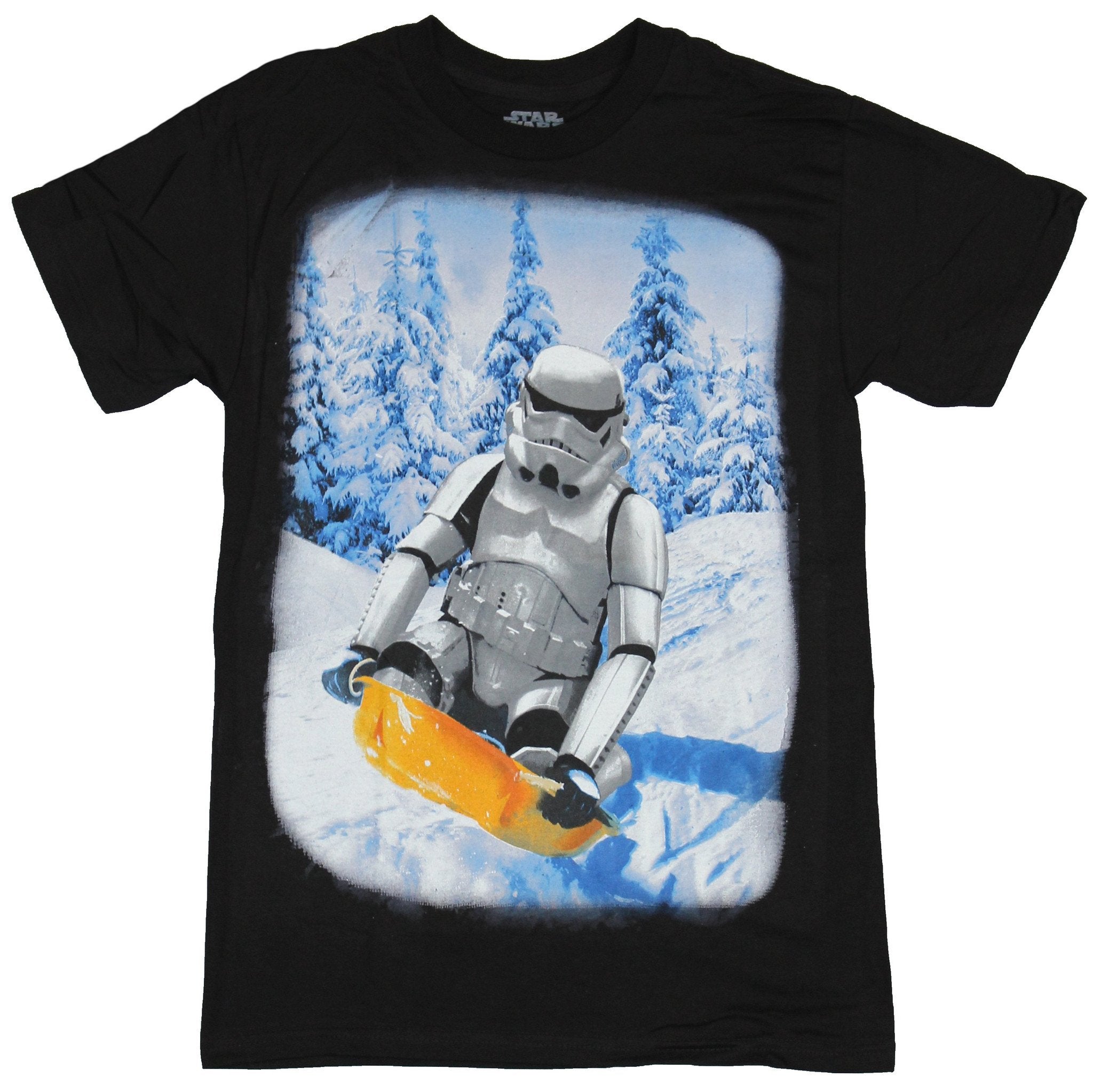 Star Wars Mens T-Shirt - Stormtrooper Sledding in a Christmas Wonderland Image