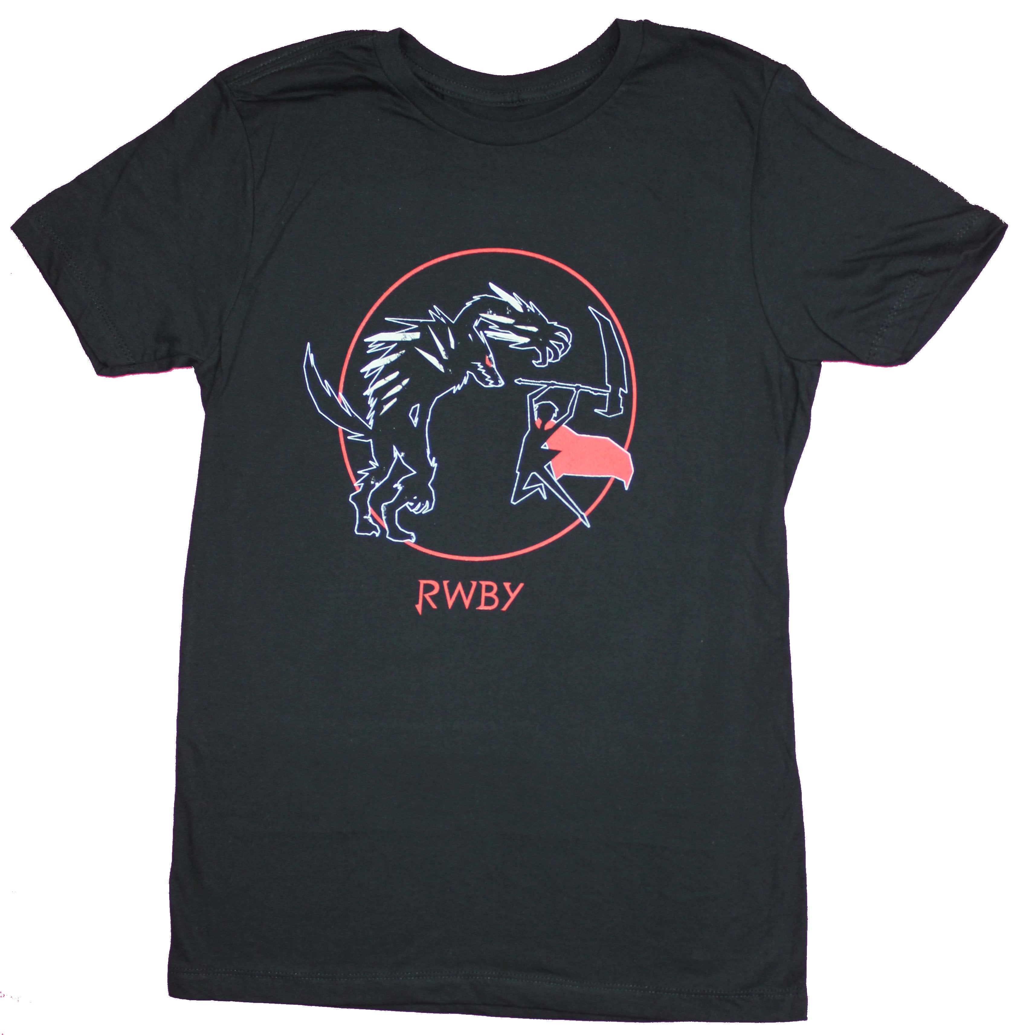 RWBY Mens T-Shirt - Ruby Jumping Attacking Beowolves Circle Image