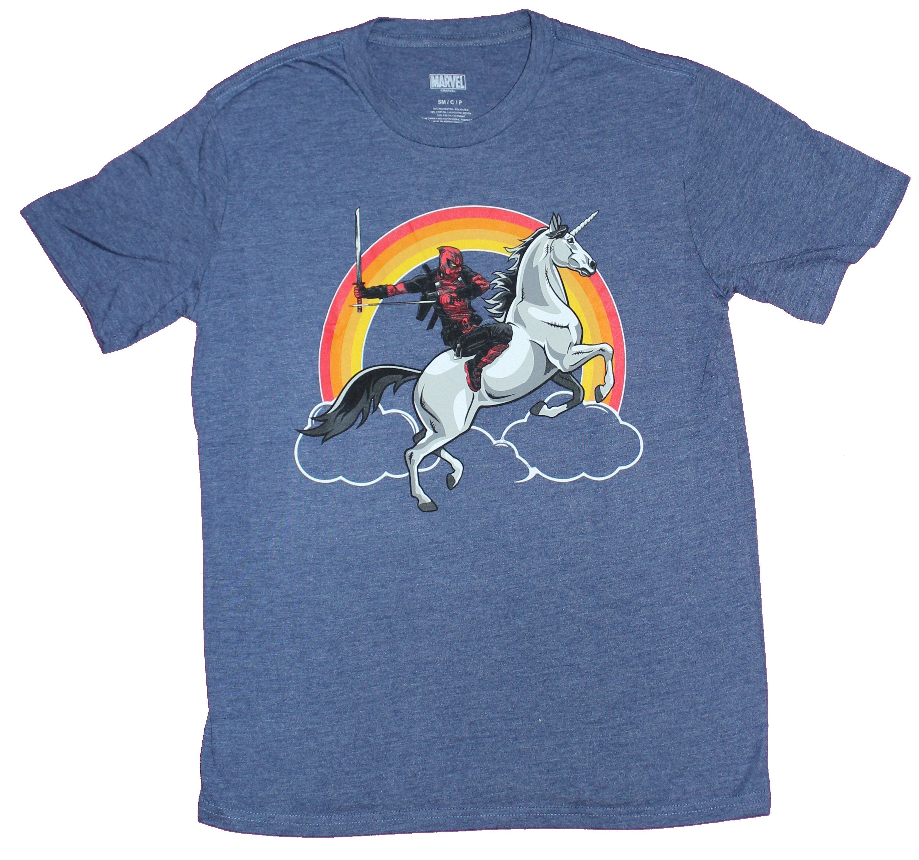 Deadpool Mens T-Shirt - Battle Ready Rainbow Unicorn Ride Image