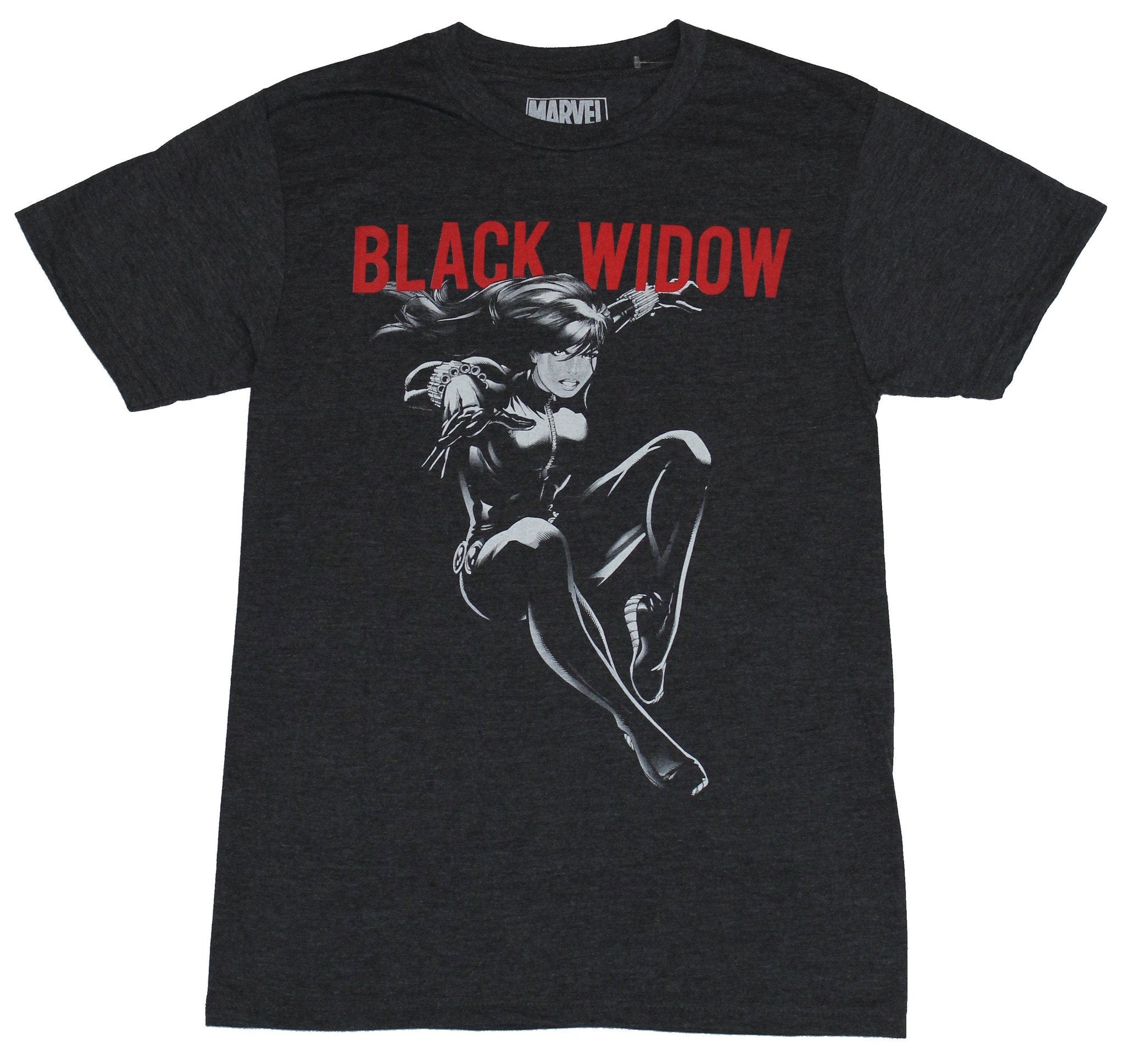 Black Widow (Marvel Comics) Mens T-Shirt - Jumping Under Red Name Image