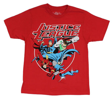 Justice League (DC Comics) Mens T-Shirt - Sueprman Batman Flash & GL Lunging Pic