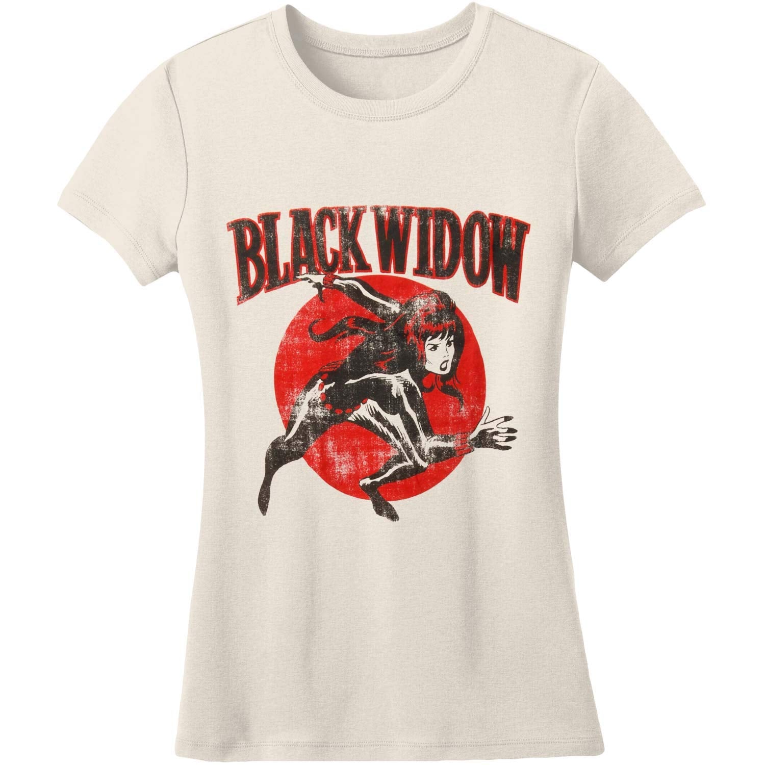 Black Widow Girls Juniors T-Shirt - Comic Style Attack Over Red Circle