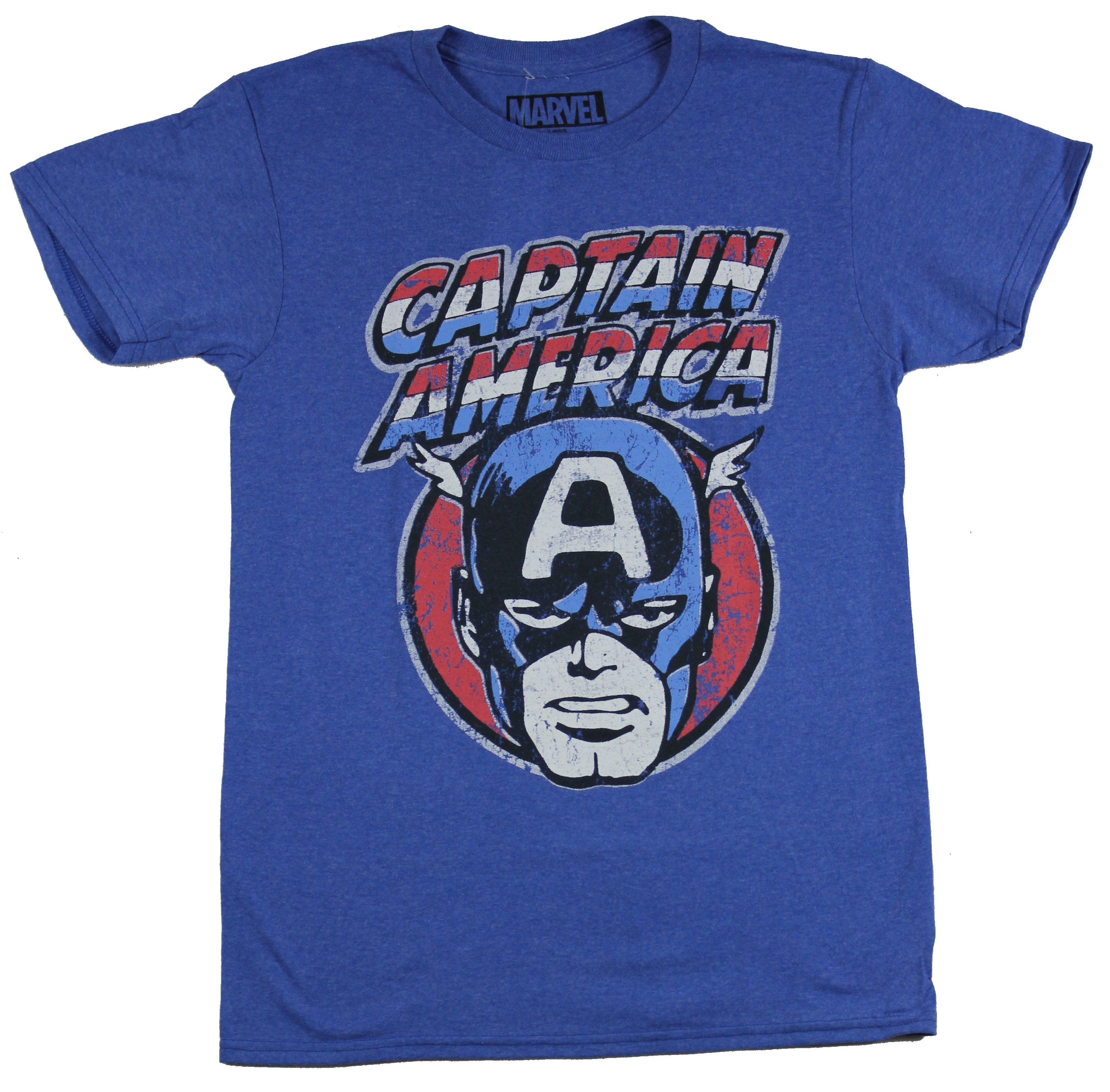 Captain America Mens T-Shirt - Distressed Classic Comic Face Under Name