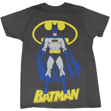 Batman (DC Comics) Mens T-Shirt - Standing Classic Comic Batman Over Name Logo