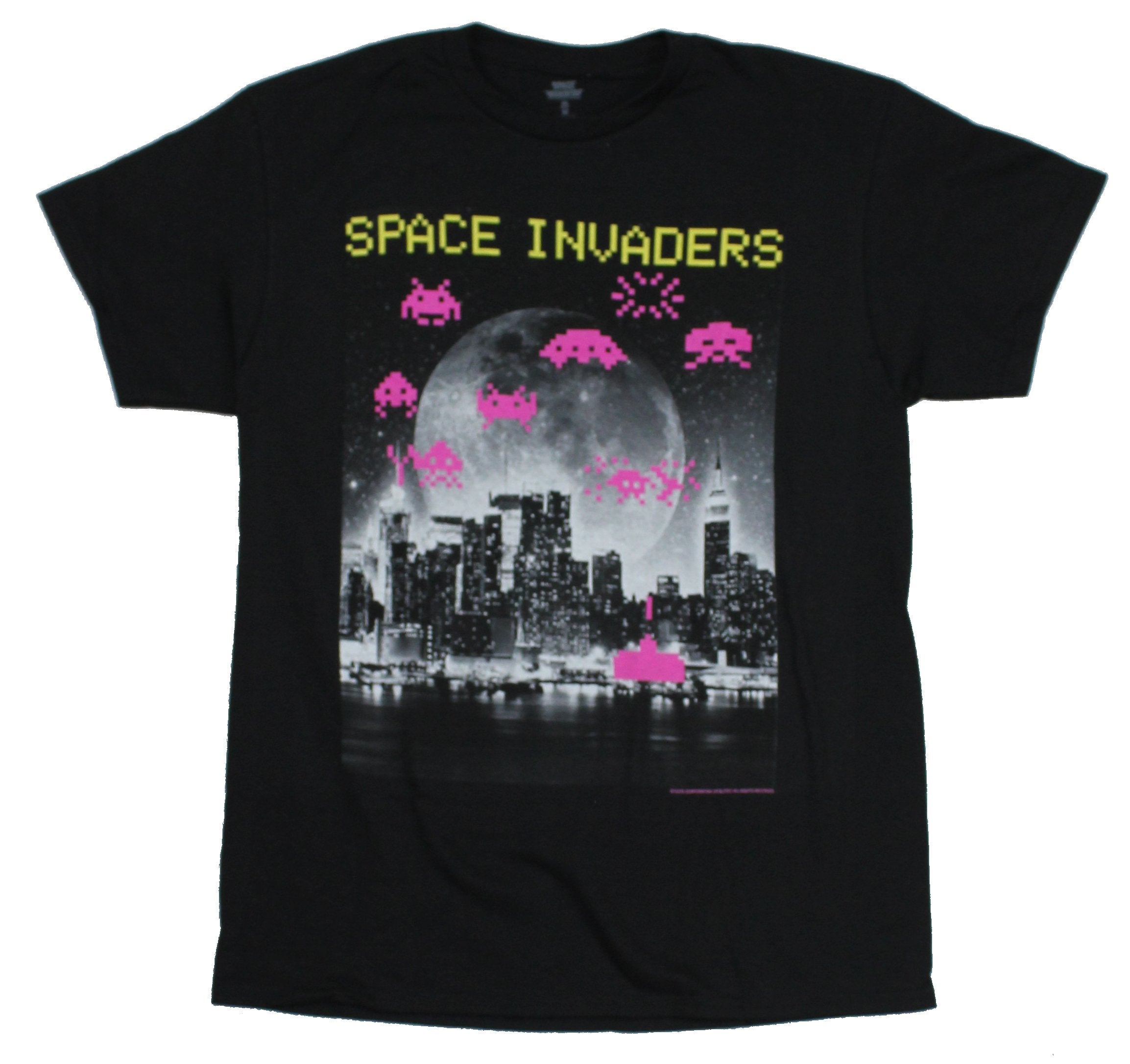 Space Invaders Mens T-Shirt -  Full City Scape Moon Image