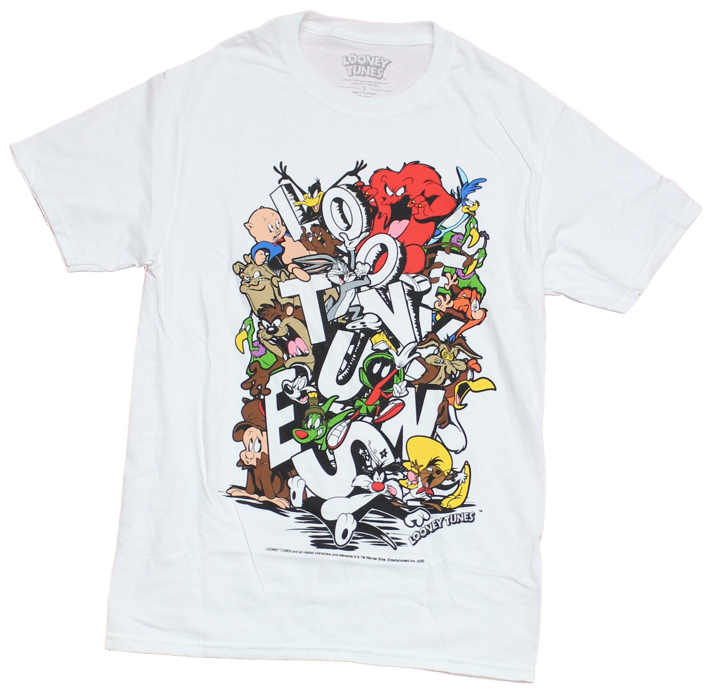 Looney Tunes Mens T-Shirt - Bugs Bunny Daffy & More Piled in Letters