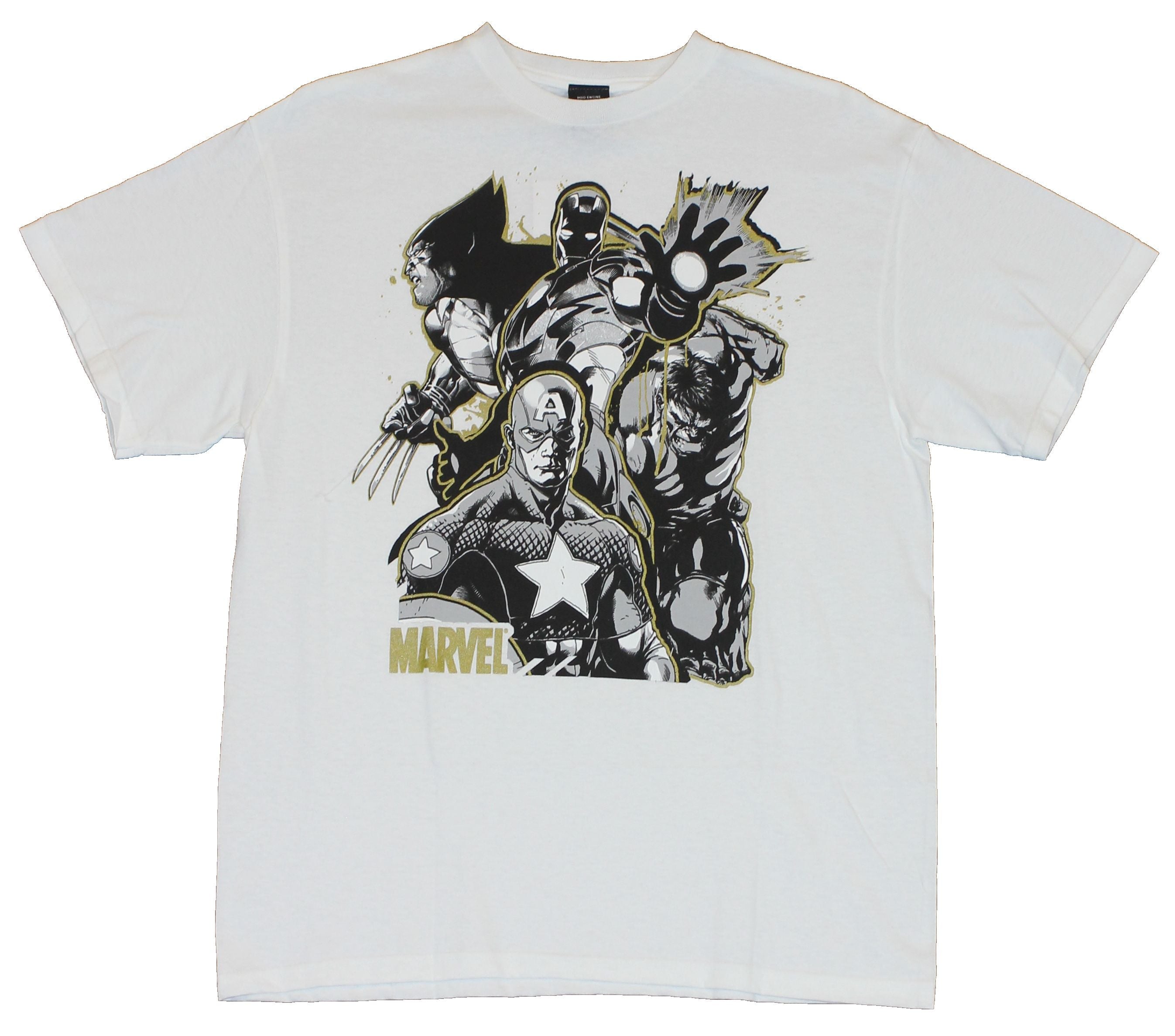 Marvel Comics Mens T-Shirt -  Grayscale Big Guns Outlined in Gold Image