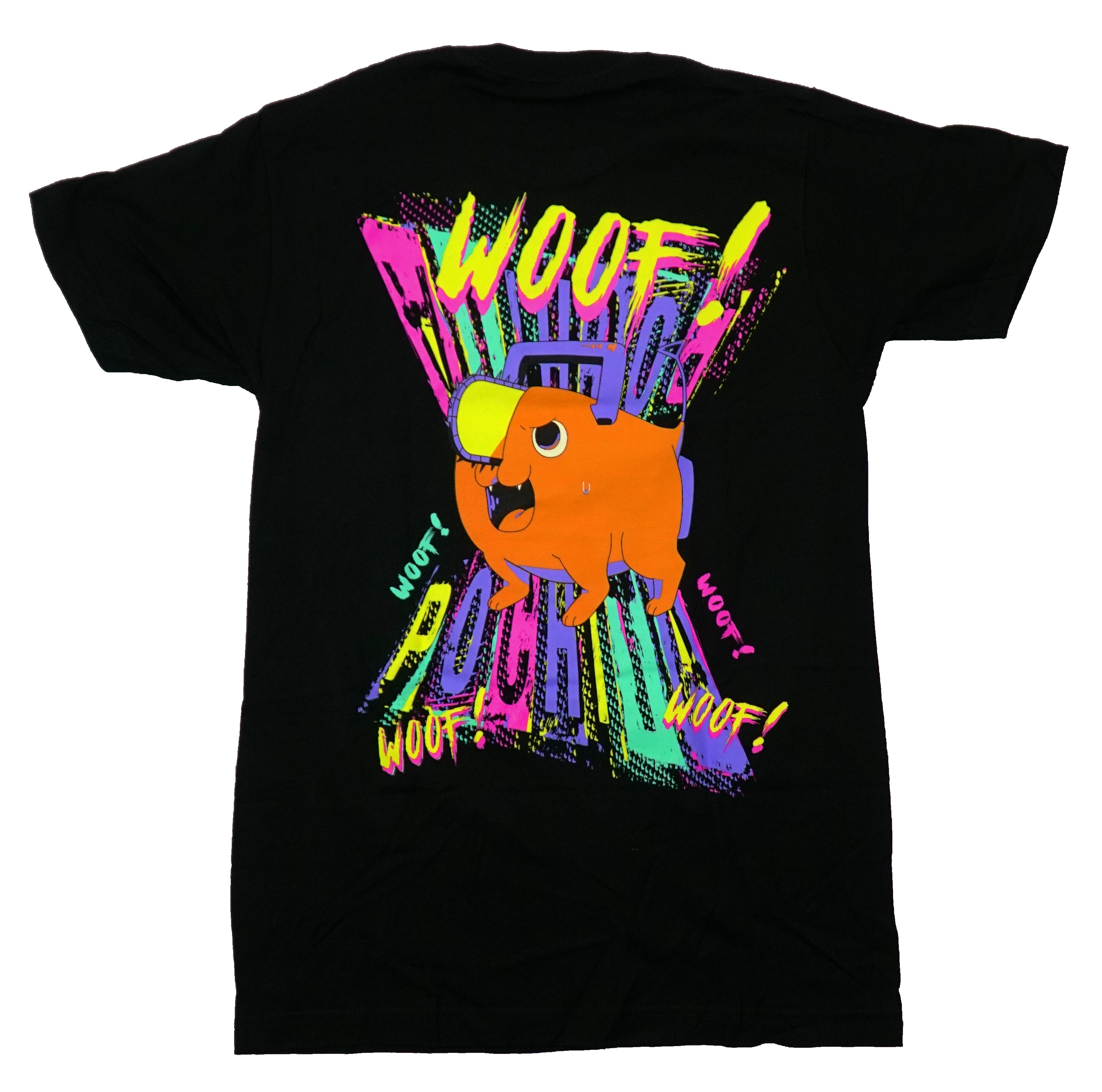 Chainsaw Man Mens T-Shirt - Colorful Pochita Stamped Name Woof Pochita Back