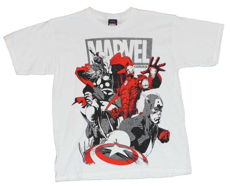 Marvel Comics Mens T-Shirt - Red and Gray Heroes Under Marvel Logo Image