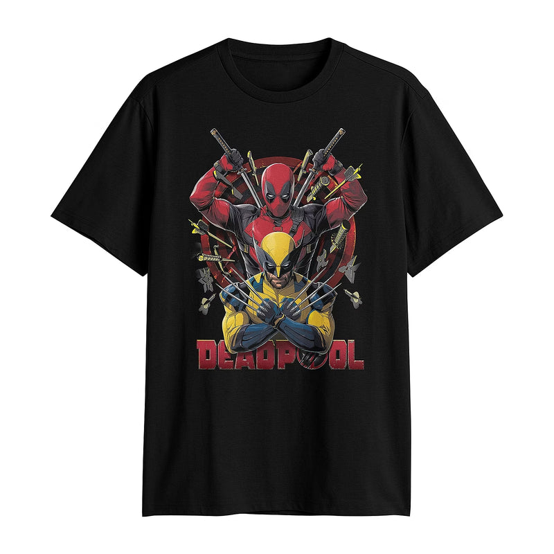 Deadpool & Wolverine Mens T-Shirt - Deadpool Drawing Swords Over Wolvy & Logo