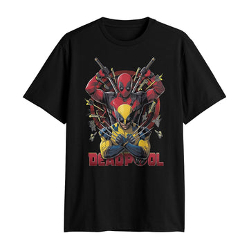 Deadpool & Wolverine Mens T-Shirt - Deadpool Drawing Swords Over Wolvy & Logo