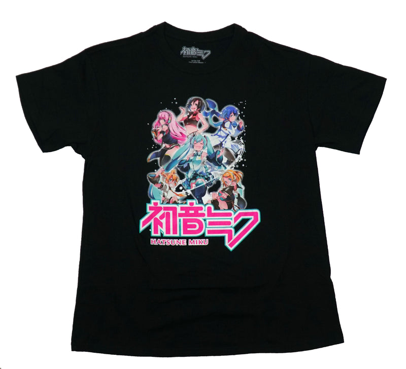Hatsune Miku  Mens T-Shirt - Girl Group In White Fog Above Pink Kanji Name