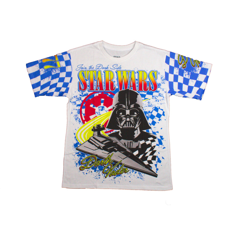 Star Wars Mens T-Shirt - Darth Vader Dark Side Checker Style Logo Sleeves