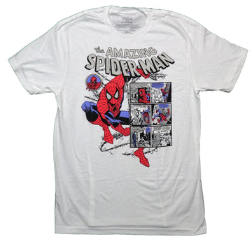 Spider-Man Mens T-Shirt - Flying By Boxed Images of Comic Book Panels