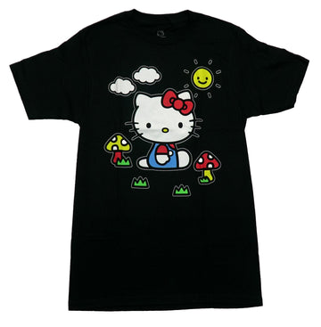 Hello Kitty Mens T-Shirt - Happy Sitting Between Mushrooms