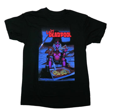 Lady Deadpool Mens T-Shirt - Marvel Eating Pizza With Teddy Bear