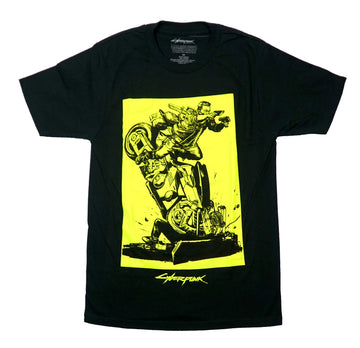 Cyberpunk Mens T-Shirt - Edgerunners Black & Yellow Fighter on Motorcycle