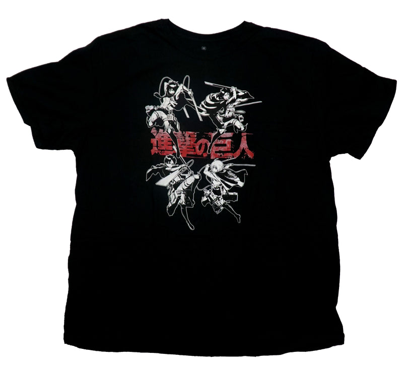 Attack On Titan Mens T-Shirt - Season 2 Four B & W Fighters Red Kanji