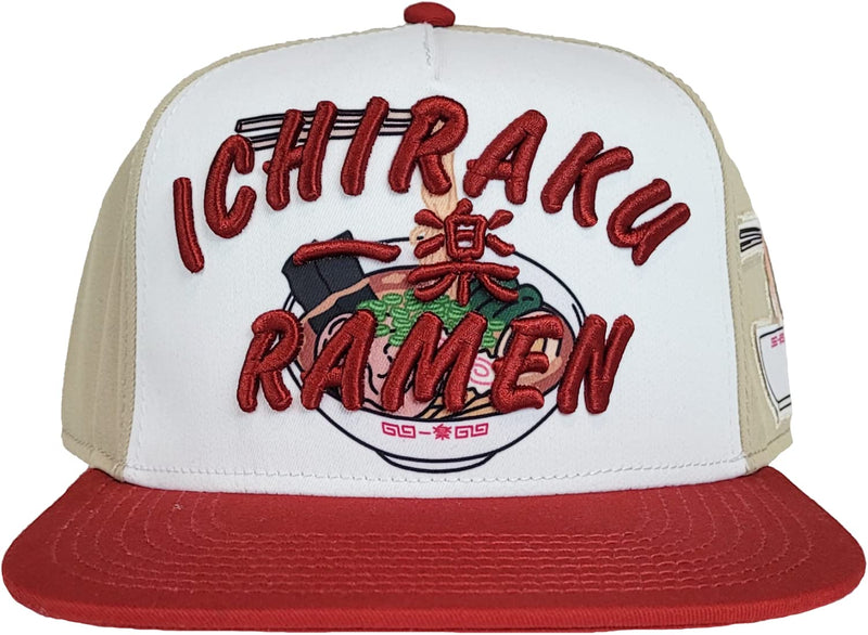 Naruto Shippuden Ichiraku Ramen Icon Hidden Leaf Village Adjustable Red and White Flat Bill Snapback Hat - Inmyparentsbasement.com
