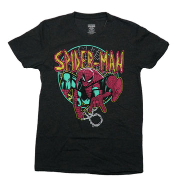 Spider-Man Mens T-Shirt - Swinging Through Circle Scribbled Name